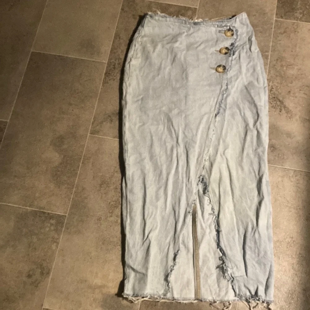 Zara Blue Maxi Pencil Skirt with Ruched Slit jeans skirt